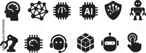 Set of Artificial Intelligence and Robotics Icons Depicting Brainpower Connectivity Security and Innovation in Modern Technology Era