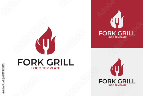 Fork grill fire logo design template vector illustration