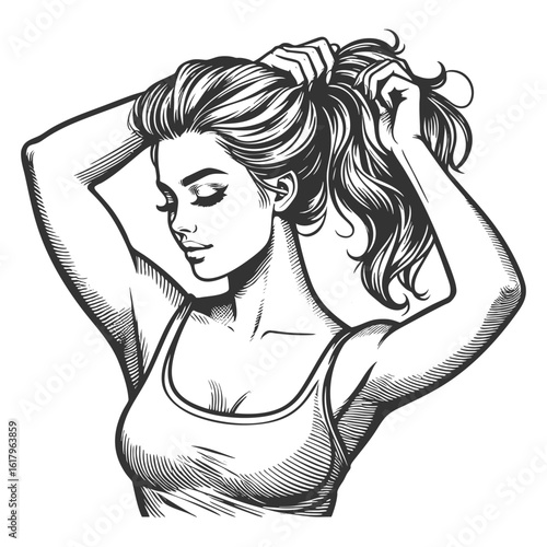 confident woman in a tank top and jeans, tying her hair into a ponytail with a relaxed expression sketch engraving generative ai fictional character vector illustration. Scratch board. Black and white