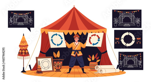 Vintage Stage Showman Presenting Circular Flow Arrows Demonstration