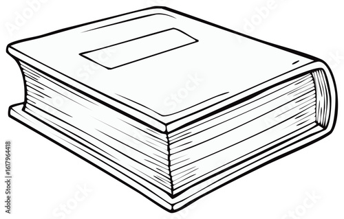 Simple black outline drawing of a closed book with a blank cover for text or design