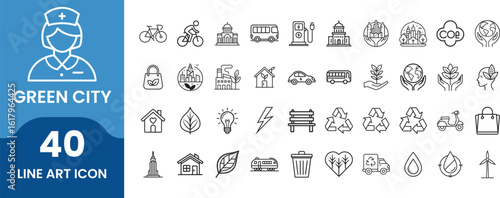 Minimalist Green City Line Art Icons Set for Web and Print Design