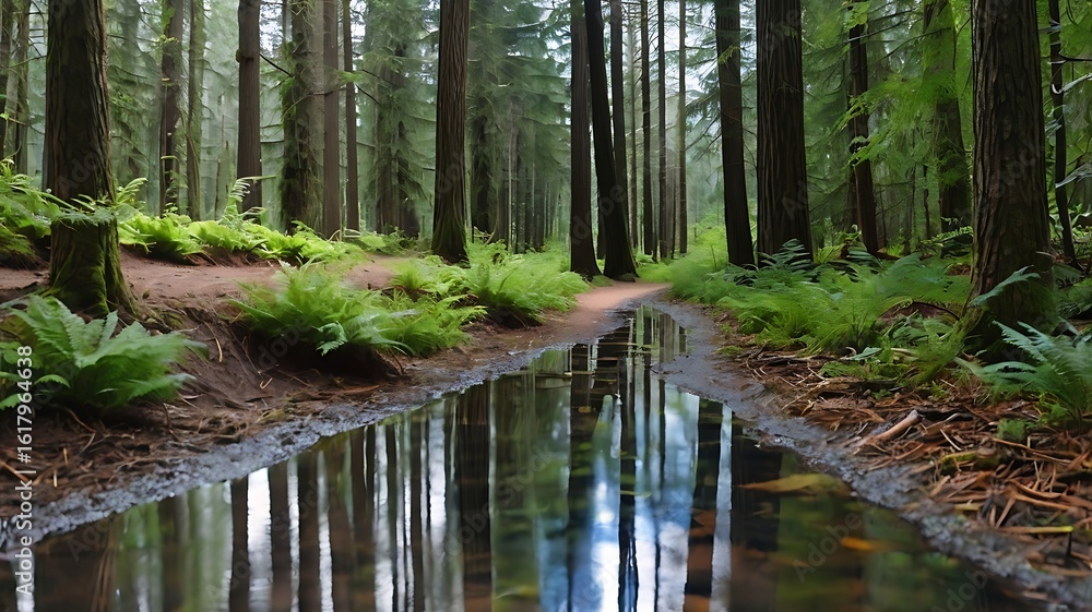 Obraz premium Peaceful Woodland Scene with Narrow Stream Reflecting Lush Greenery