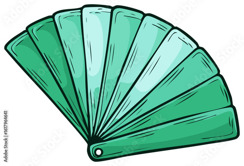 Detailed illustration of a fanned out hand held fan in various shades of green
