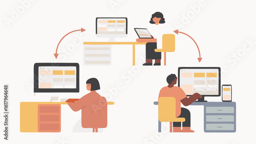 Illustration of three people working at desks with computers and devices connected by arrows