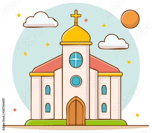 Whimsical Church Building Illustration with Cross, Sun, and Clouds for Spiritual or Religious Themes, Faith-based Graphics