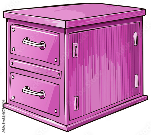 Hand-drawn illustration of a pink multi-drawer storage cabinet with a single door and silver handles.