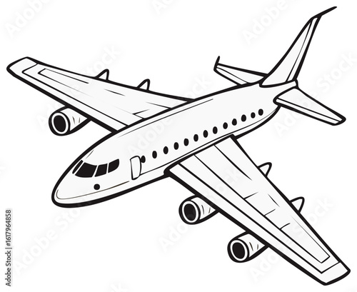Commercial airplane in outline style with jet engines, tail fins and cockpit for aviation design or logo