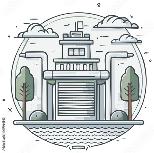 Modern minimalist illustration of a waterfront building with trees and clouds, depicting a dam or water facility