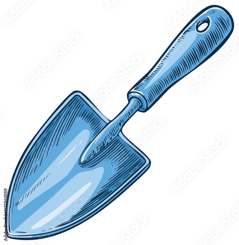 Blue Gardening Trowel Hand Drawn Illustration for Planting Flowers and Cultivating Soil