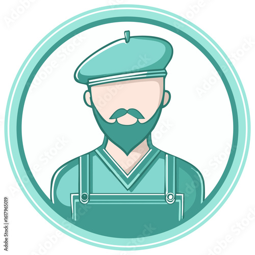 Bearded man illustration wearing artist beret and overalls inside circle frame