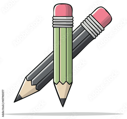 Vector illustration showing two classic wooden pencils, one green and one dark grey, with pink erasers crossed.