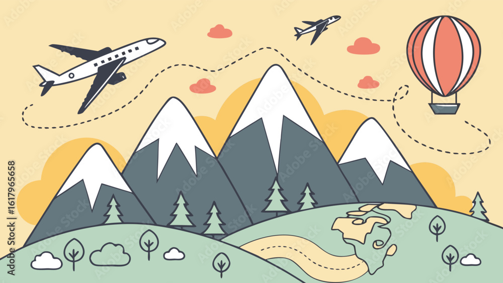 Naklejka premium Adventure Travel: Airplane, Hot Air Balloon Over Majestic Mountains, Linear Style Illustration, Warm Pastel Color Palette, Journey Concept, Scenic Flight, Exploration Theme, Vacation Destination.