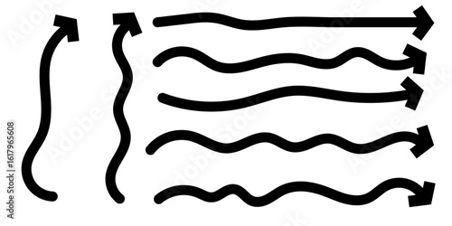 Set of arrow signs with freestyle shapes. Long and curved arrow icon. Black arrow symbol.