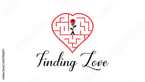 A heart shaped maze with a rose in the center and the words finding love below it in cursive font