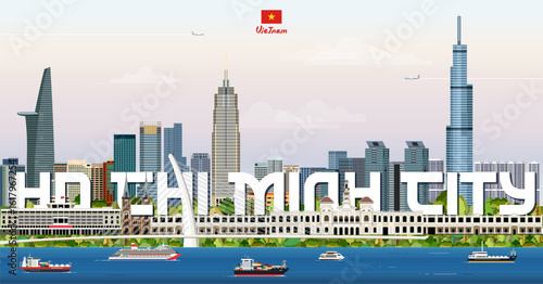 Ho Chi Minh City cityscape colorful vector illustration with big city name on the background. Travel trendy poster