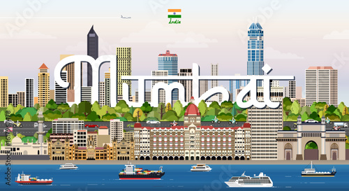 Mumbai cityscape colorful vector illustration with big city name on the background. Travel trendy poster