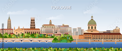Toulouse city skyline on gradient beautiful day sky background. Vector illustration