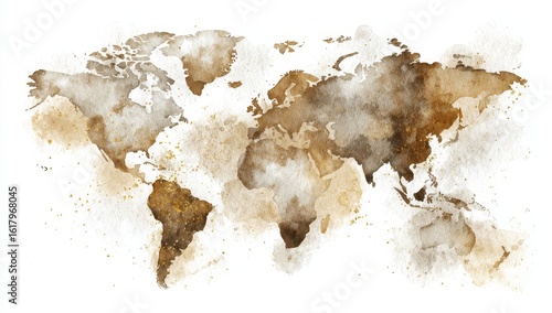 Watercolor world map, warm brown tones, gold accents