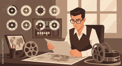 Film Director Analyzing Script In His Office During Pre Production