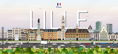 Lille cityscape colorful vector illustration with big city name on the background. Travel trendy poster