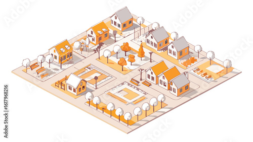Isometric view of a residential area with houses trees and benches in a stylized cartoon like rendering style