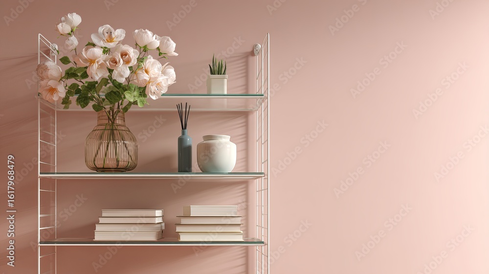 Fototapeta premium A modern white shelving unit adorned with a vase of flowers and decorative items against a soft pink wall.