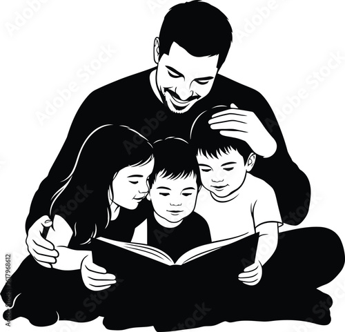 Father reading story book to children silhouette vector illustration. Fathers day concept. 