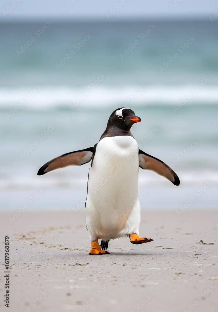 Naklejka premium King Penguin Aptenodytes patagonicus Chicks in Creche in the rain.a Gentoo penguin standing on a sandy beach, wings outstretched and one leg raised. penguin has a black head, white belly, 