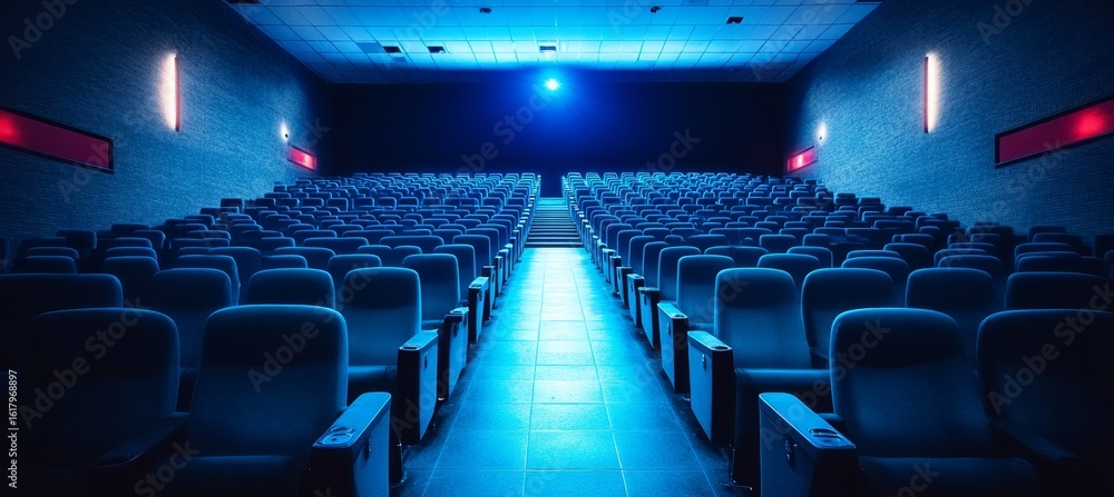 Empty Aisle Seating, Blue Relaxation Seating, Inside of the Movie Theater Nobody is Here at Showing Empty Aisle Seating, Blue Relaxation Seating, Inside of the Movie Theater Nobody is Here at Showing