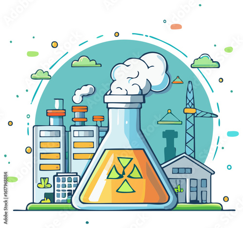 Industrial Factory with Nuclear Waste Beaker Depiction of Pollution and Environmental Hazard