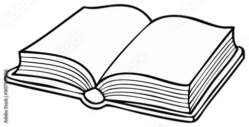 Open book illustration, pages spread, black and white graphic, reading and learning.