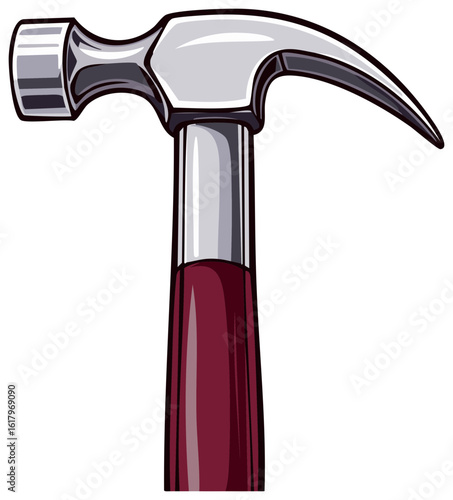 Illustration of a Claw Hammer with a maroon handle and a silver head used for carpentry and driving nails on construction sites