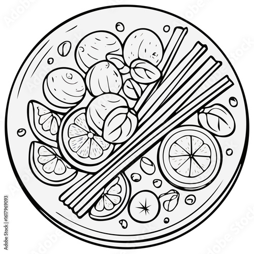 Healthy Asian noodle soup with lemongrass and lime slices in a bowl, black and white line art illustration.
