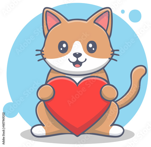 Adorable Kitten Holding a Red Heart Cute Cat with Love Symbol Cartoon Style