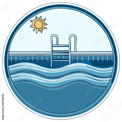 Swimming pool with ladder and sun, summer relaxation, graphic design element