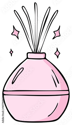 Aromatic reed diffuser for home fragrance and spa relaxation in charming pink cartoon illustration