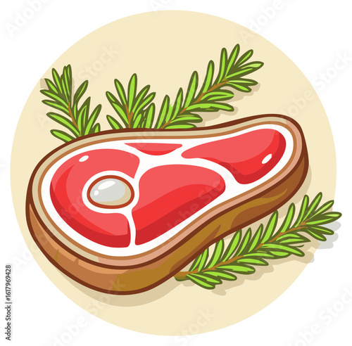 Raw T-bone steak with rosemary sprigs cartoon vector illustration