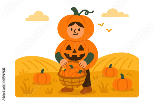 A youngster dressed as a pumpkin clutches a basket in preparation for a Halloween celebration