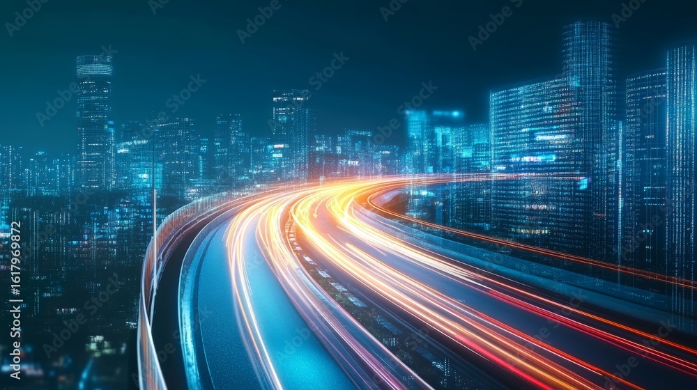 Obraz premium Cityscape Highway Scene with Long Exposure Lights Showcasing Technology and Rapid Data Flow