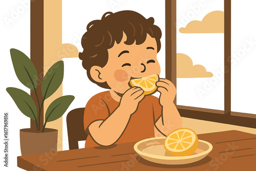 A young child's face contorts in shock and distaste as they experience the sour taste of lemon for the first time