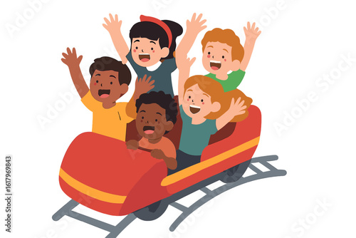 Illustration of children dressed as vampires riding a roller coaster surrounded by bats in a cartoon halloween theme