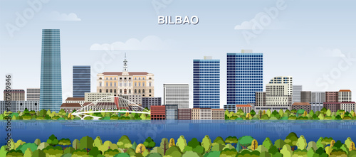 Bilbao city skyline on gradient beautiful day sky background. Vector illustration