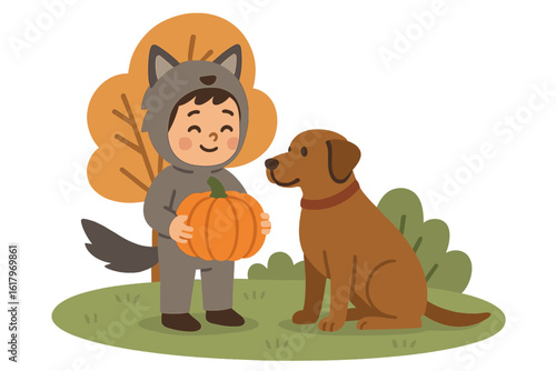 A youngster dressed as a wolf stands beside a dog while grasping a jack-o'-lantern