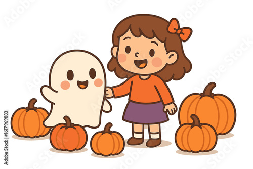 Kids dressed up in costumes surrounded by pumpkins and bats on halloween with a ghost