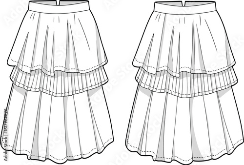 Layered skirt fashion CAD drawing, pleated garment illustration, apparel flat sketch, sewing pattern design, clothing vector template,