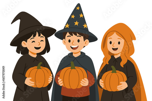 A spooky halloween cartoon scene featuring kids dressed in costumes and surrounded by pumpkins set against a dark backdrop