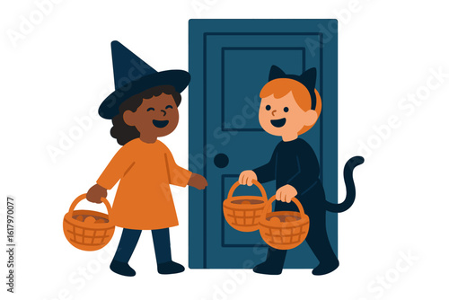 Two cheerful kids wearing adorable Halloween outfits, one as a bunny and the other as a bear, carry candy baskets as they go trick-or-treating at a residential entrance