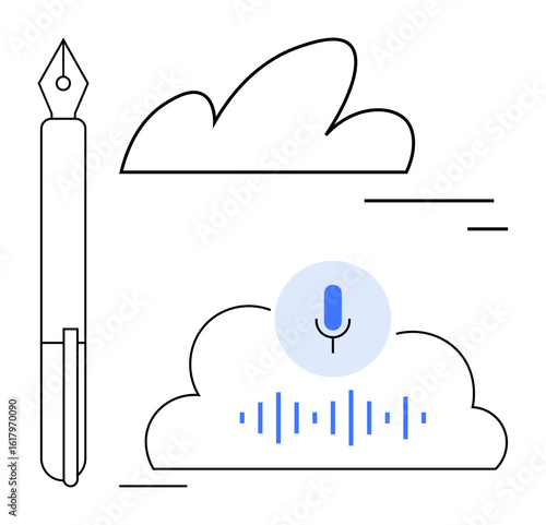 Fountain pen beside stylized clouds featuring a microphone and sound waves. Ideal for technology, writing, creativity, innovation, digital tools, audio transcription, simple landing page