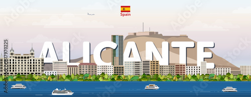 Alicante cityscape colorful vector illustration with big city name on the background. Travel trendy poster